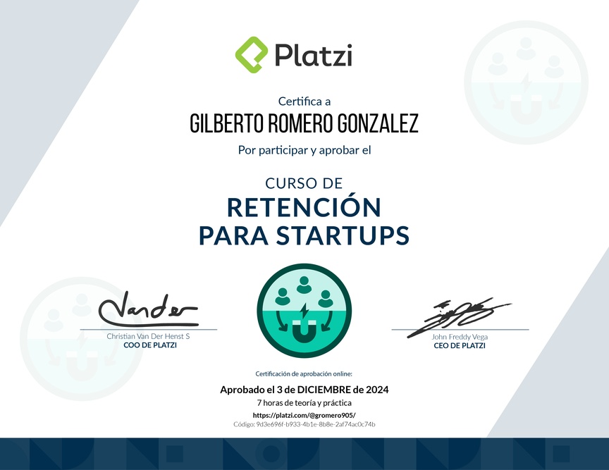 Diploma del Curso de Retención para Startups