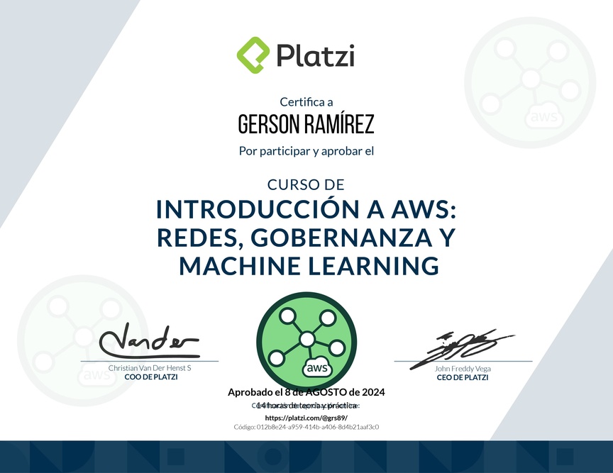 Diploma del Curso de Introducción a AWS: Redes, Gobernanza y Machine Learning
