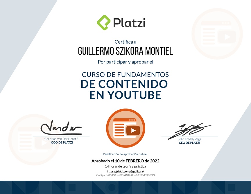 Diploma del Curso de Fundamentos de Contenido de YouTube