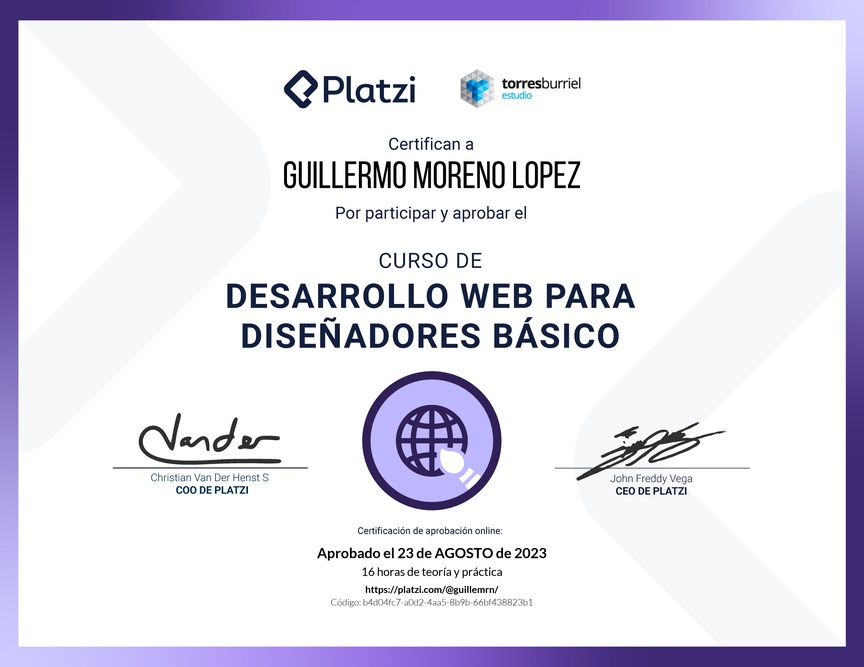 Diploma del Curso Desarrollo Web para Diseñadores