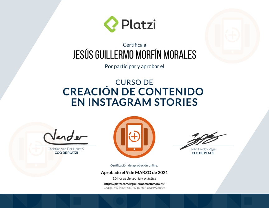 Diploma del Curso de Diseño y Edición de Instagram Stories