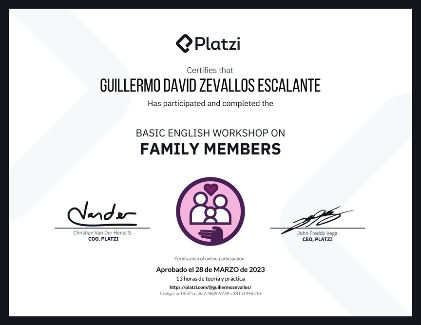 Diploma del Curso de Inglés Práctico sobre los Miembros de la Familia