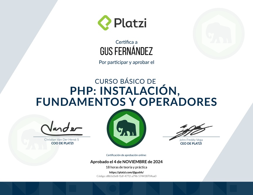 Diploma del Curso Básico de PHP: Instalación, Fundamentos y Operadores