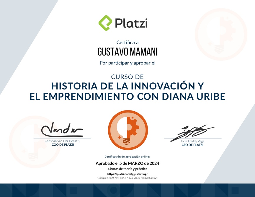 Diploma del Curso de Historia de la Innovación y el Emprendimiento con Diana Uribe