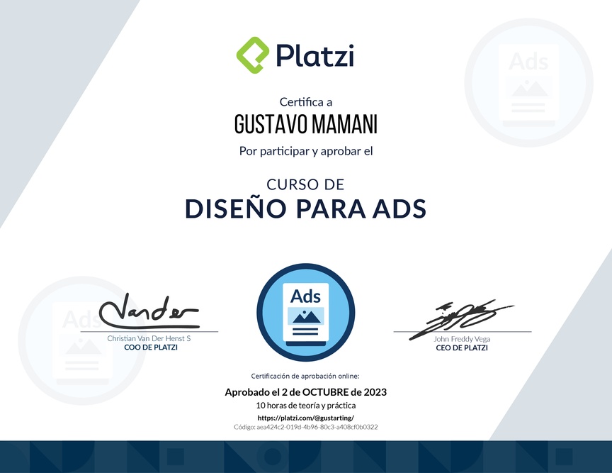 Diploma del Curso de Diseño Gráfico para Ads
