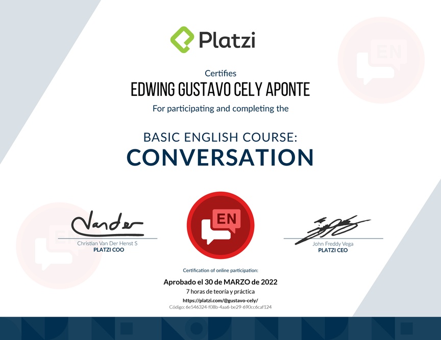 Diploma del Curso de Inglés Básico: Conversación 2018