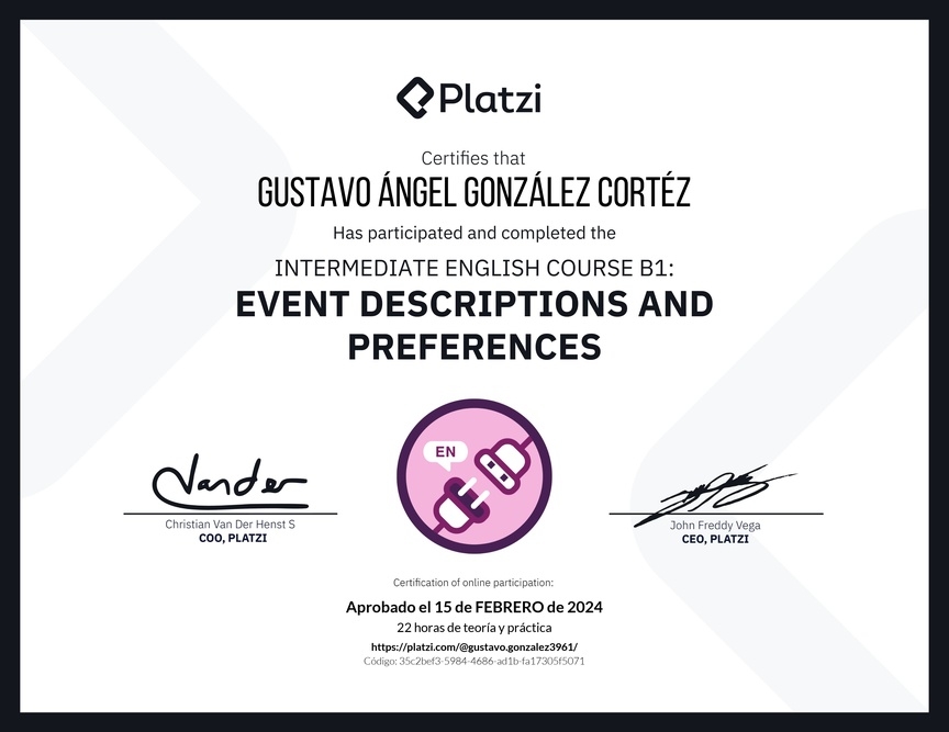Diploma del Curso de Inglés Intermedio B1: Descripción de Eventos y Preferencias