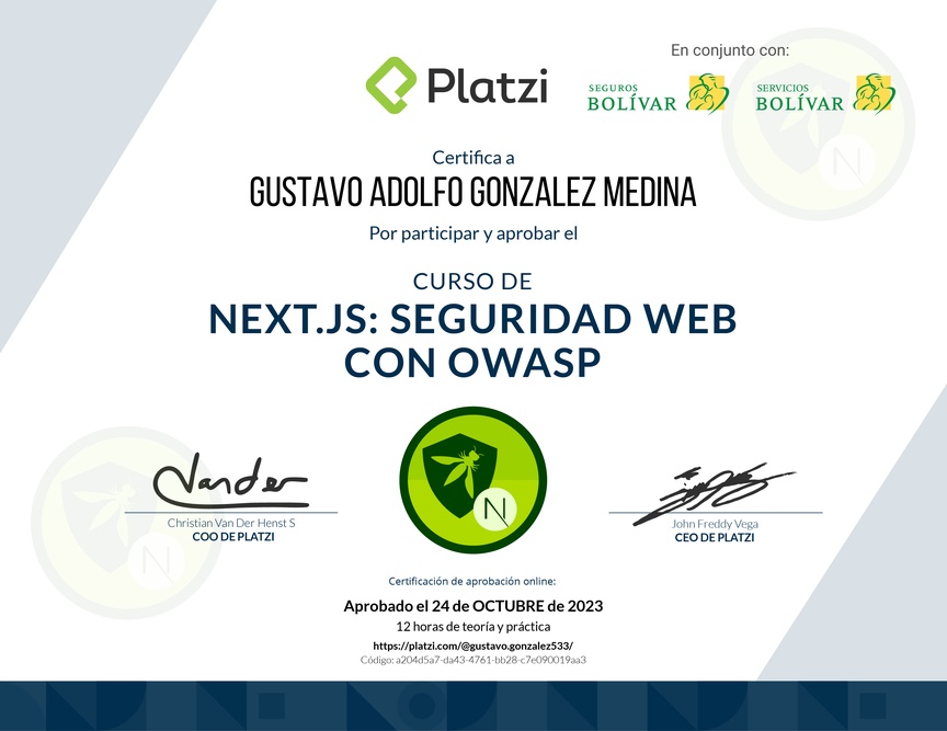 Diploma del Curso de Next.js: Seguridad Web con OWASP