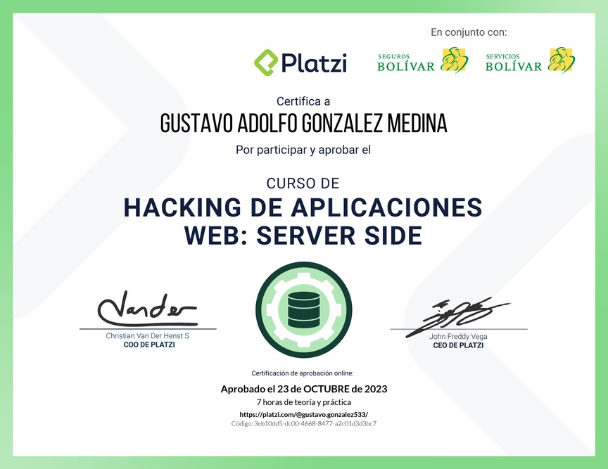Diploma del Curso de Hacking: Aplicaciones Web Server Side