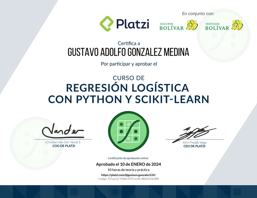 Diploma del Curso de Regresión Logística con Python y scikit-learn