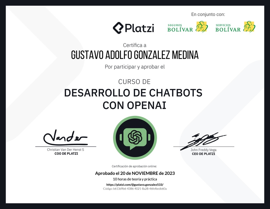Diploma del Curso de Desarrollo de Chatbots con OpenAI