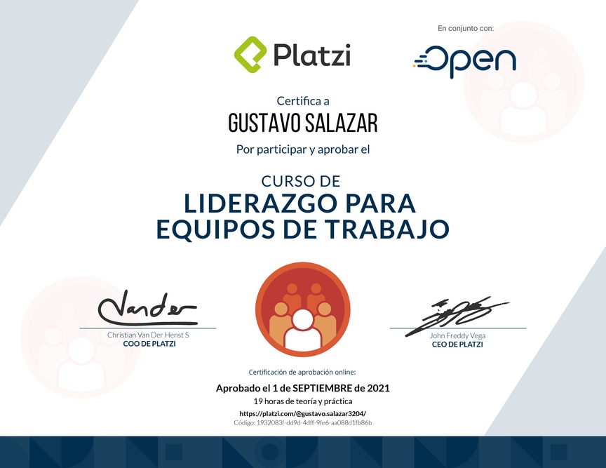 Diploma del Curso de Liderazgo para Equipos de Trabajo