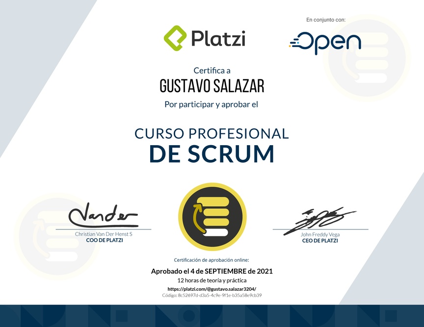 Diploma del Curso Profesional de Scrum