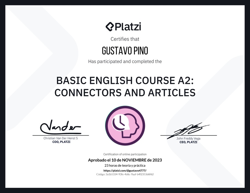 Diploma del Curso de Inglés Básico A2: Conectores y Artículos