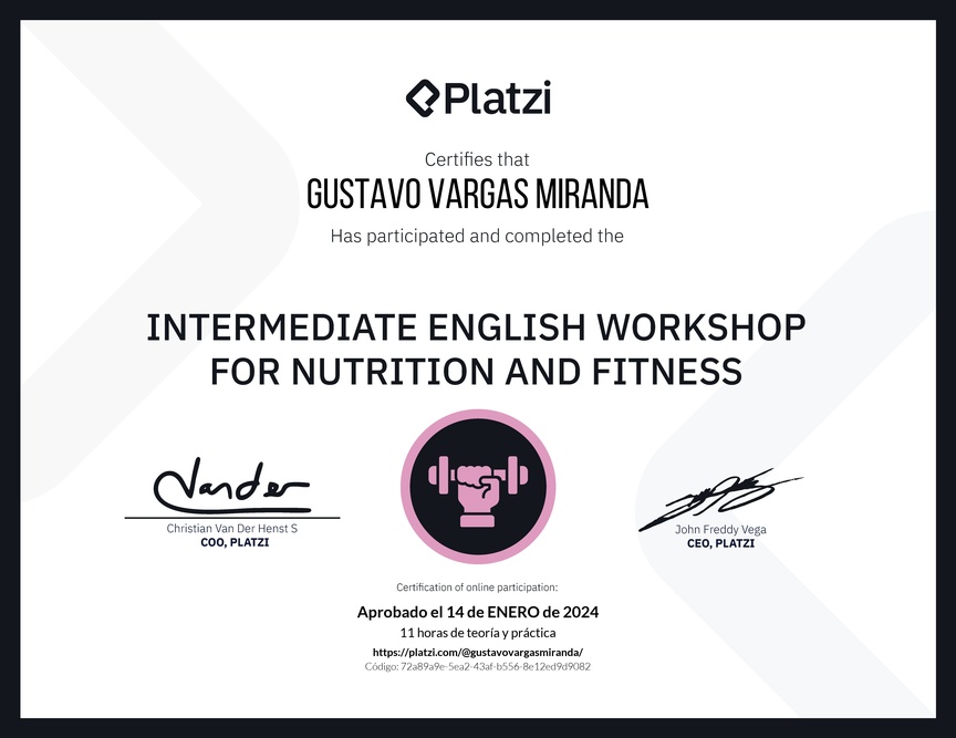 Diploma del Curso de Inglés Práctico sobre Nutrición y Fitness