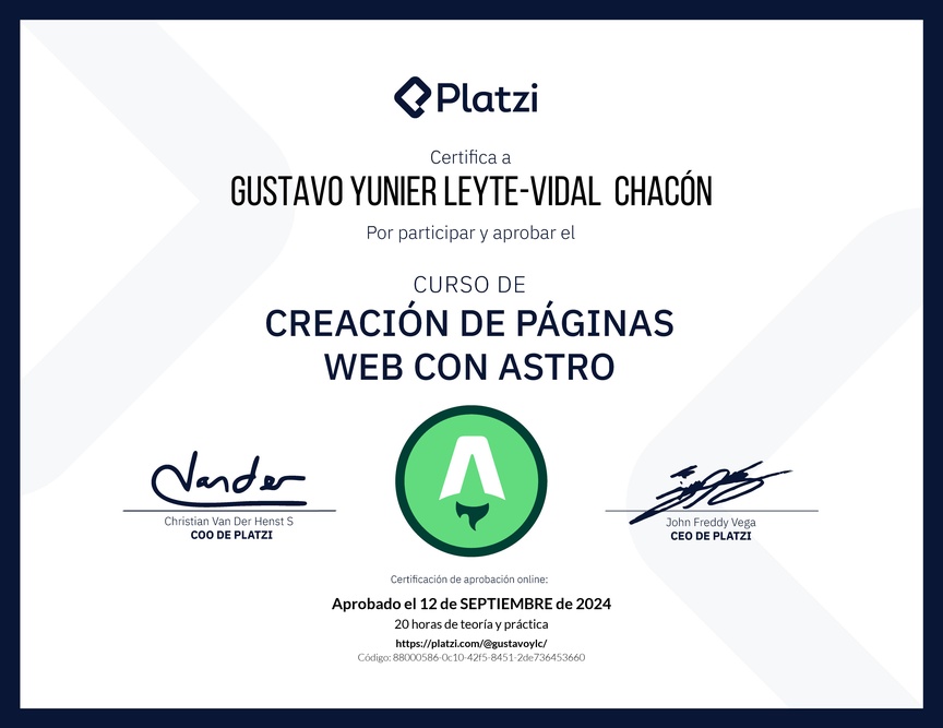 Diploma del Curso de Creación de Páginas Web con Astro