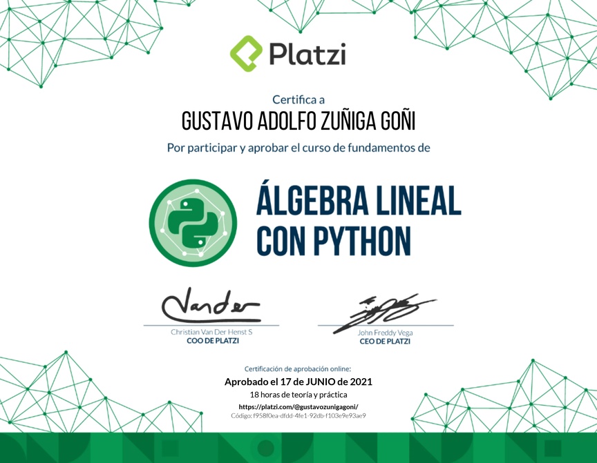 Diploma del Curso de Fundamentos de Álgebra Lineal con Python