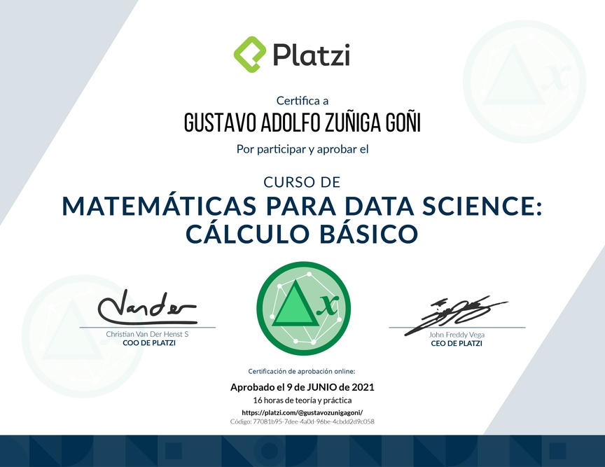 Diploma del Curso de Matemáticas para Data Science: Cálculo Básico