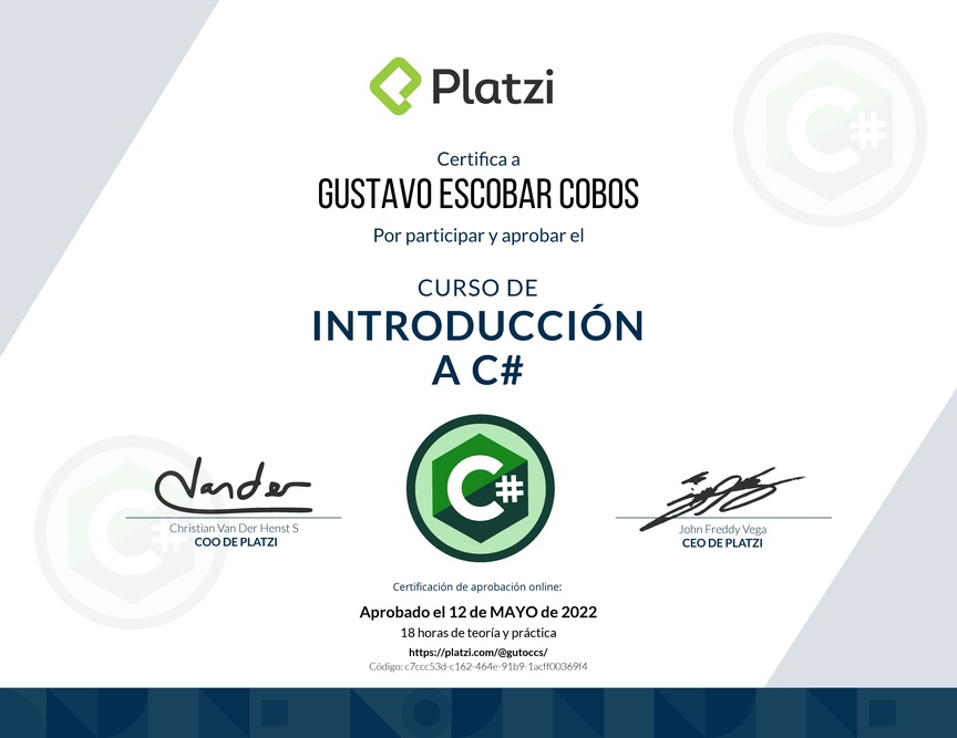 Diploma del Curso de Introducción a C# con .NET 3.1