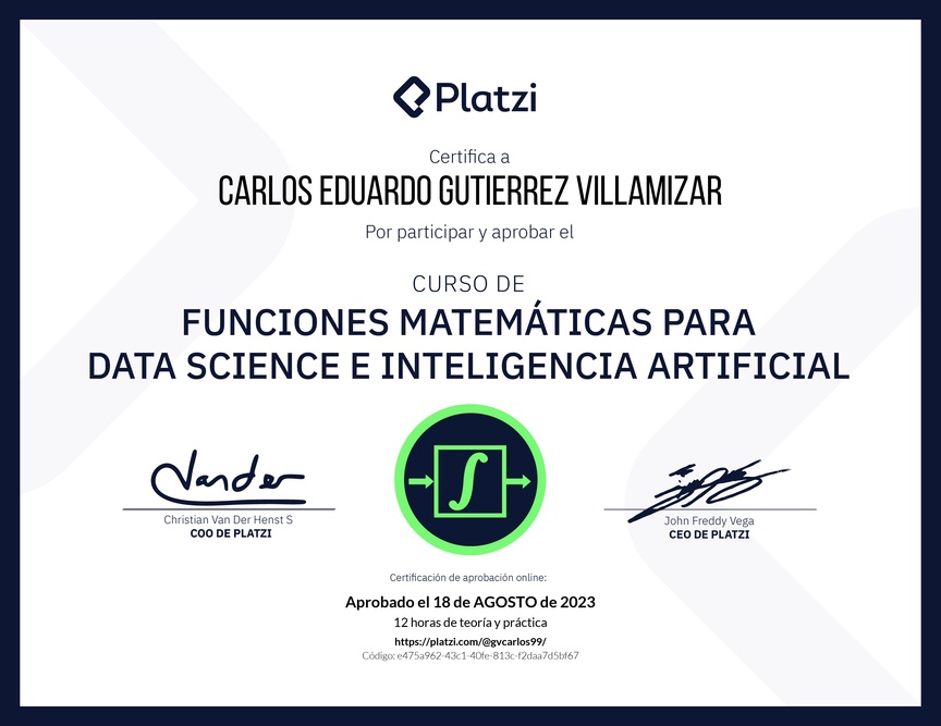 Diploma del Curso de Funciones Matemáticas para Data Science e Inteligencia Artificial
