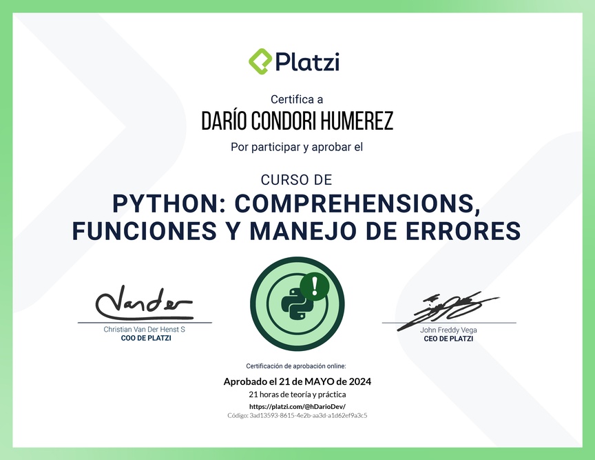 Diploma del Curso de Python: Comprehensions, Funciones y Manejo de Errores