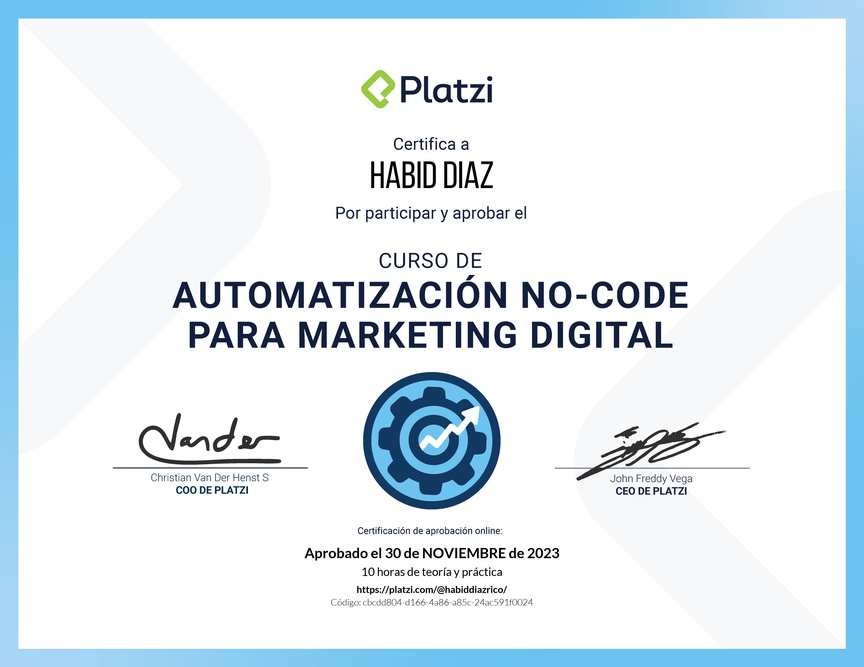 Diploma del Curso para Crear Automatizaciones No-Code para Marketing Digital