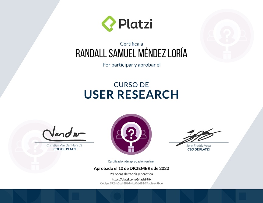 Diploma del Curso de User Research: Técnicas para una Investigación Efectiva