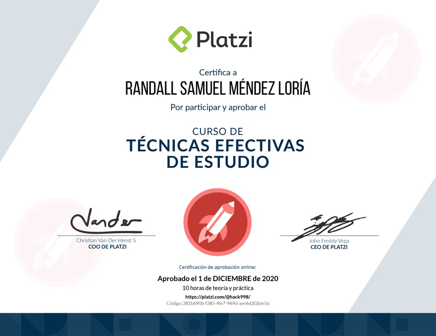 Diploma del Curso de Técnicas Efectivas de Estudio