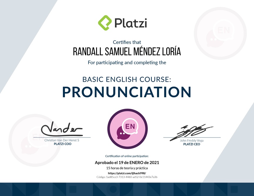 Diploma del Curso de pronunciación básica en Inglés 2020