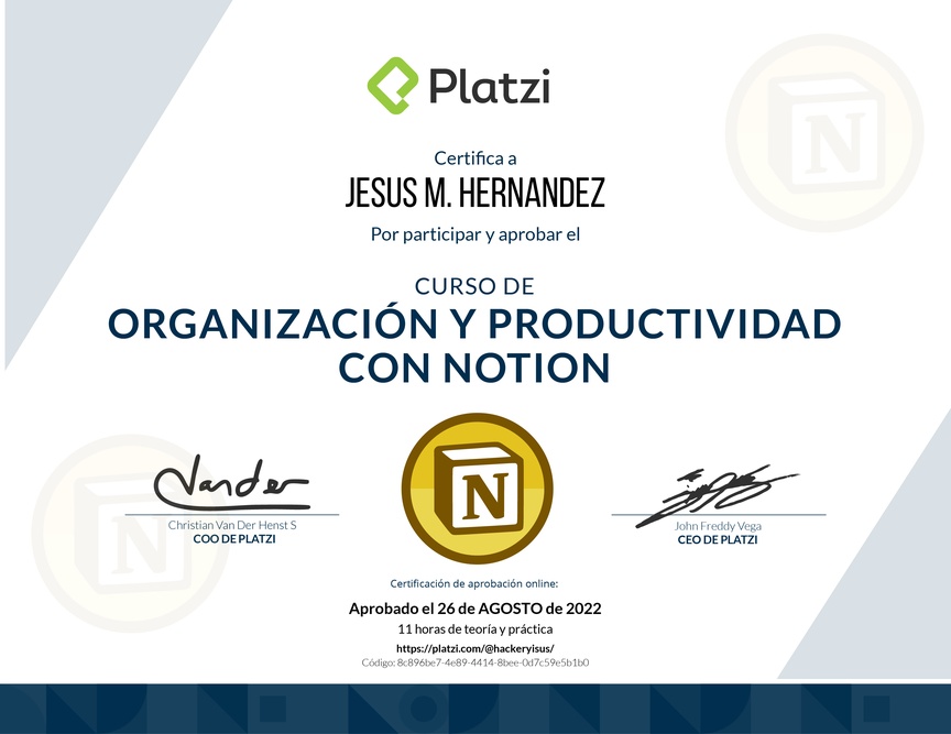 Diploma del Curso de Organización y Productividad con Notion (2021)