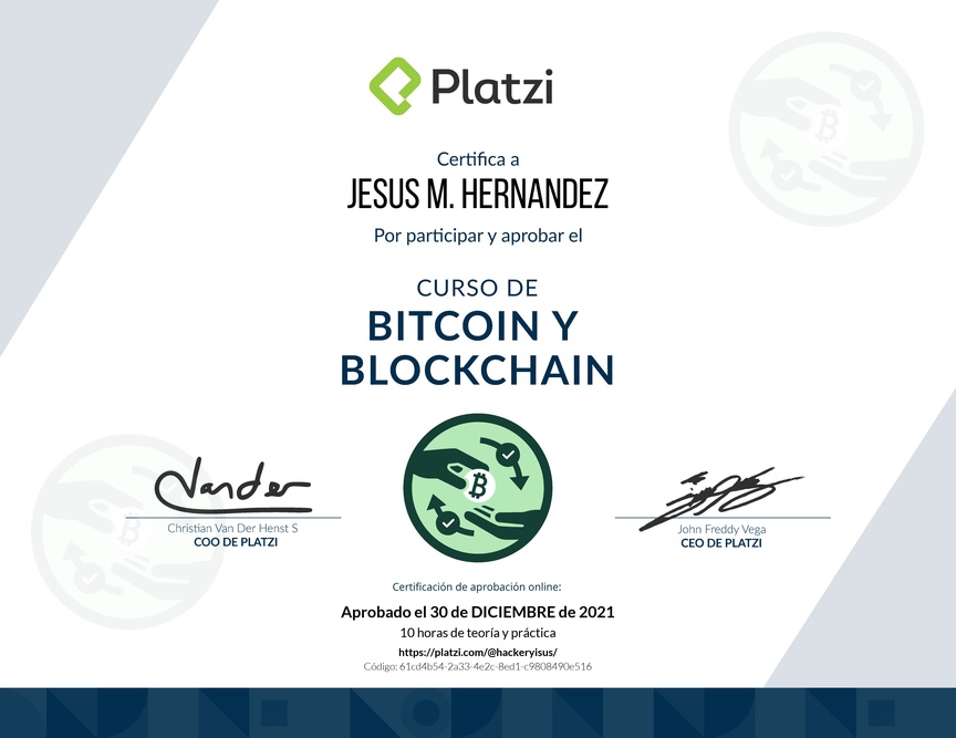 Diploma del Curso de Bitcoin y Blockchain