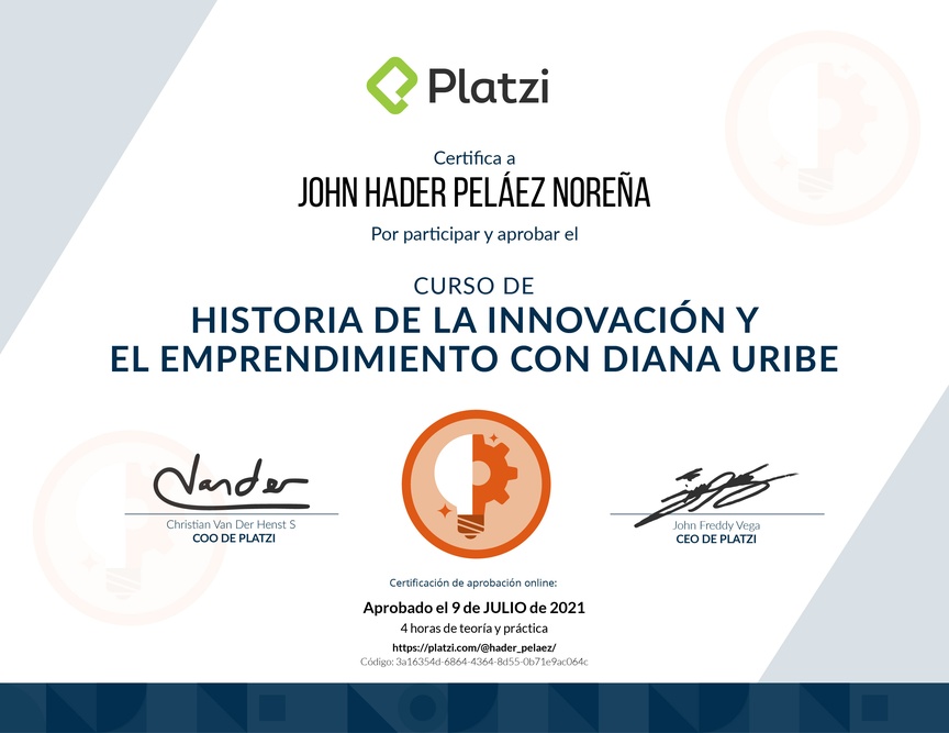 Diploma del Curso de Historia de la Innovación y el Emprendimiento con Diana Uribe