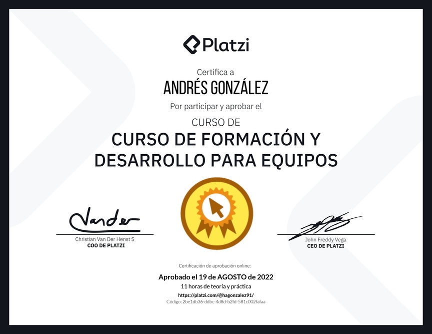 Diploma del Curso de Formación y Desarrollo para Equipos