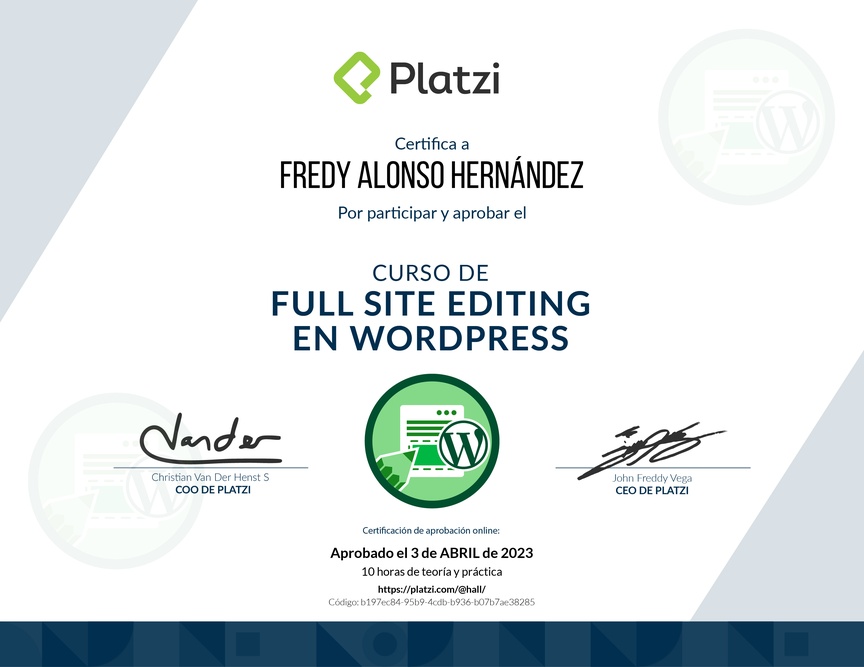 Diploma del Curso de Full Site Editing en WordPress