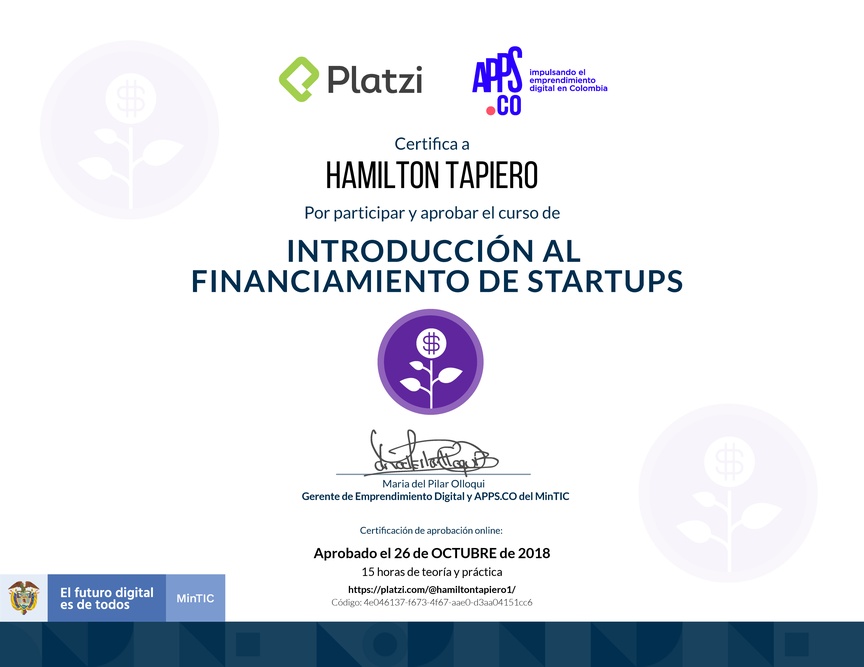 Diploma del Curso de Introducción al Financiamiento de Startups