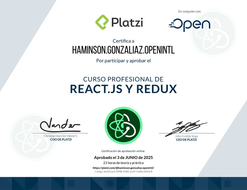 Diploma del Curso Profesional de React.js y Redux