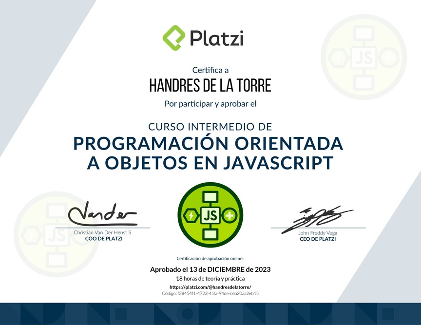 Diploma del Curso Intermedio de Programación Orientada a Objetos en JavaScript