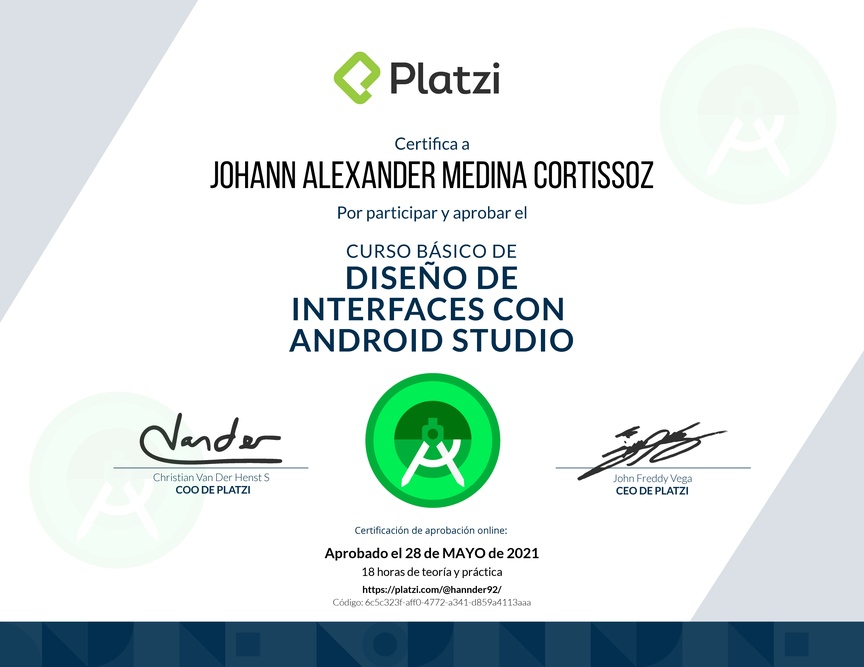 Diploma del Curso Básico de Diseño de Interfaces con Android Studio
