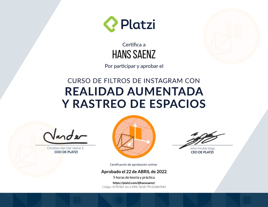 Diploma del Curso de Filtros de Instagram con Realidad Aumentada y Rastreo de Espacios