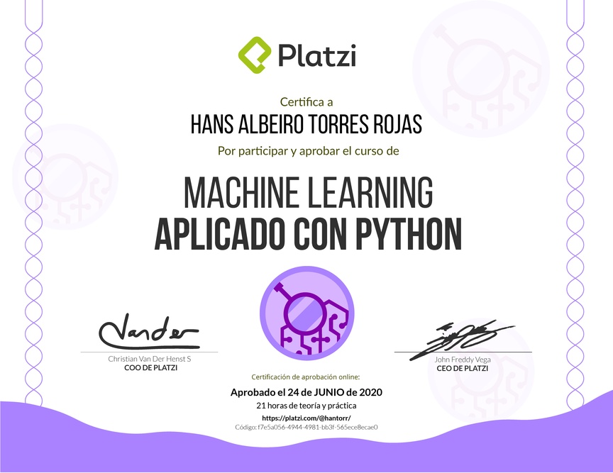 Diploma del Curso de Machine Learning Aplicado con Python