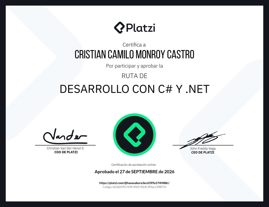 Diploma de la Ruta de Aprendizaje de Desarrollo con C# y .NET