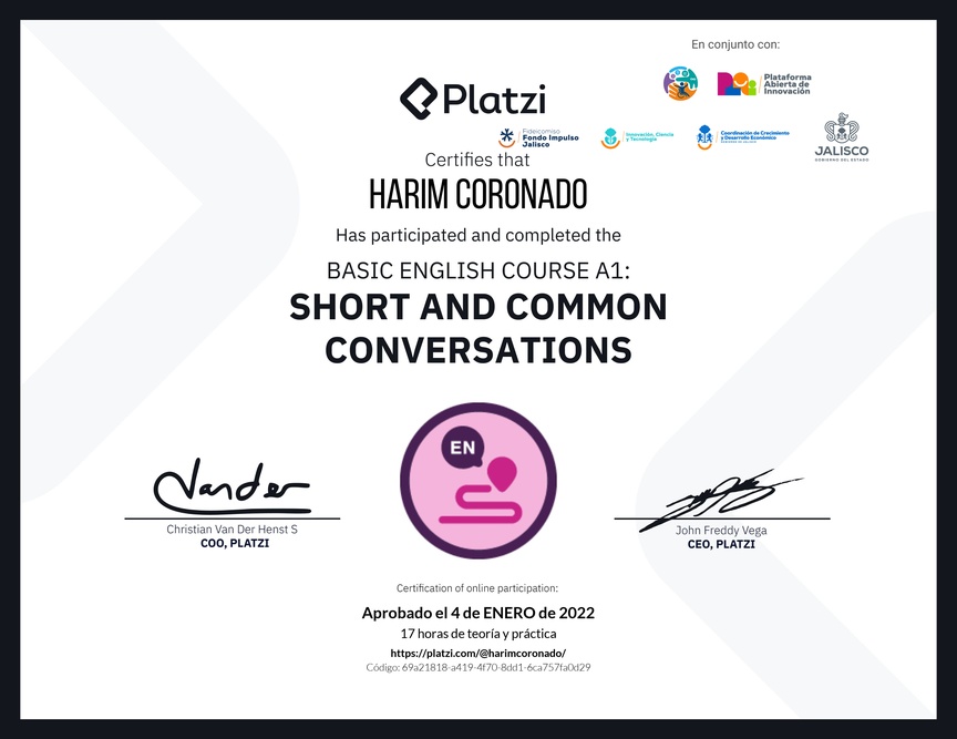 Diploma del Curso de Inglés Básico A1: Conversaciones Cortas y Habituales (2020)