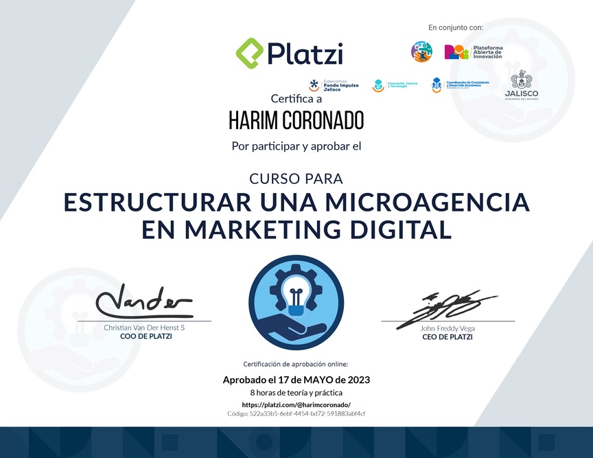 Diploma del Curso para Estructurar una Microagencia de Marketing Digital
