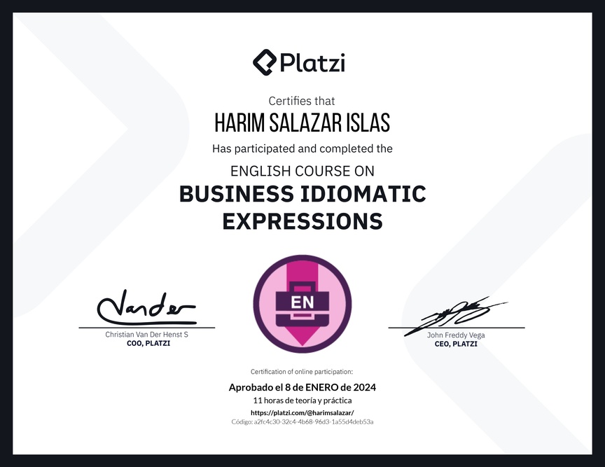 Diploma del Curso de Expresiones Idiomáticas de Negocios en Inglés