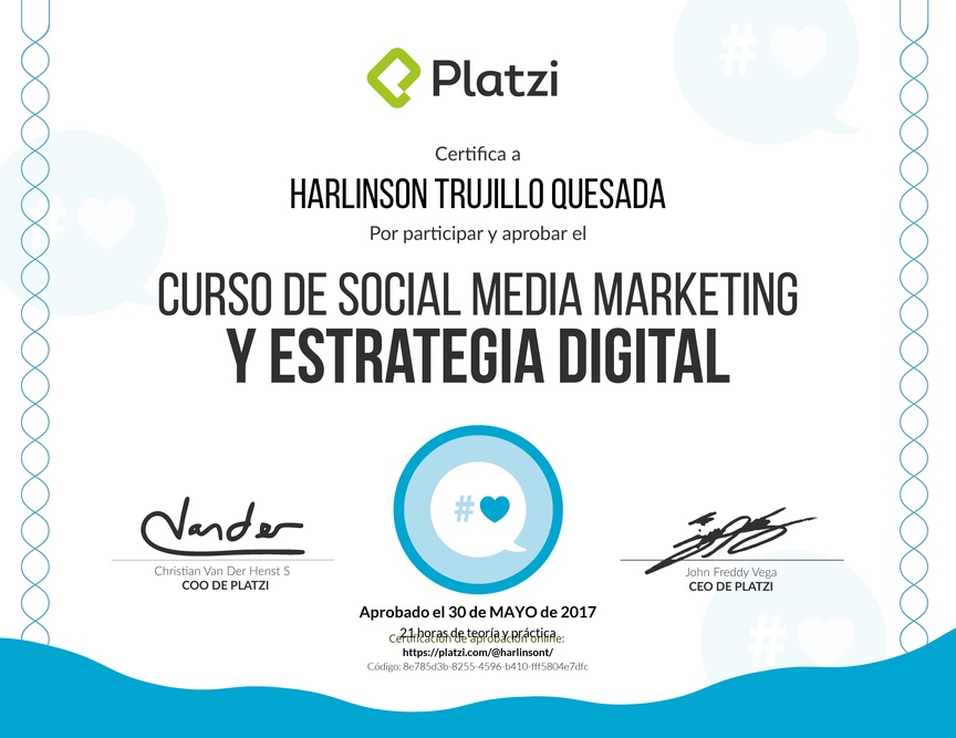 Diploma del Curso de Social Media Marketing y Estrategia Digital 2016