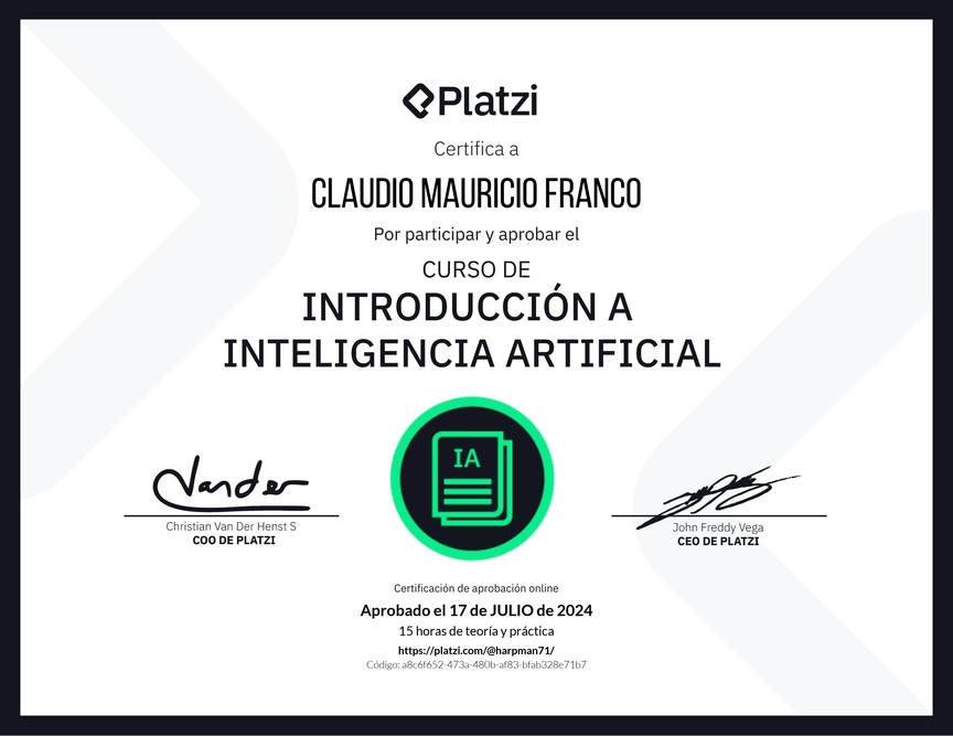 Diploma del Curso de Introducción a Inteligencia Artificial (2023)