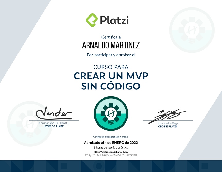 Diploma del Curso para Crear un MVP sin Código