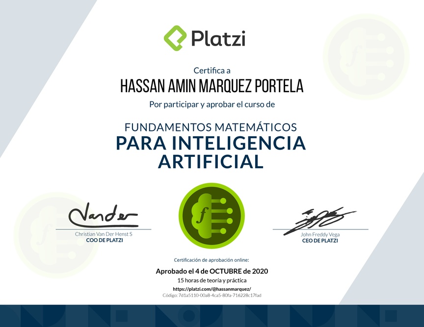 Diploma del Curso de Fundamentos Matemáticos para Inteligencia Artificial 2019