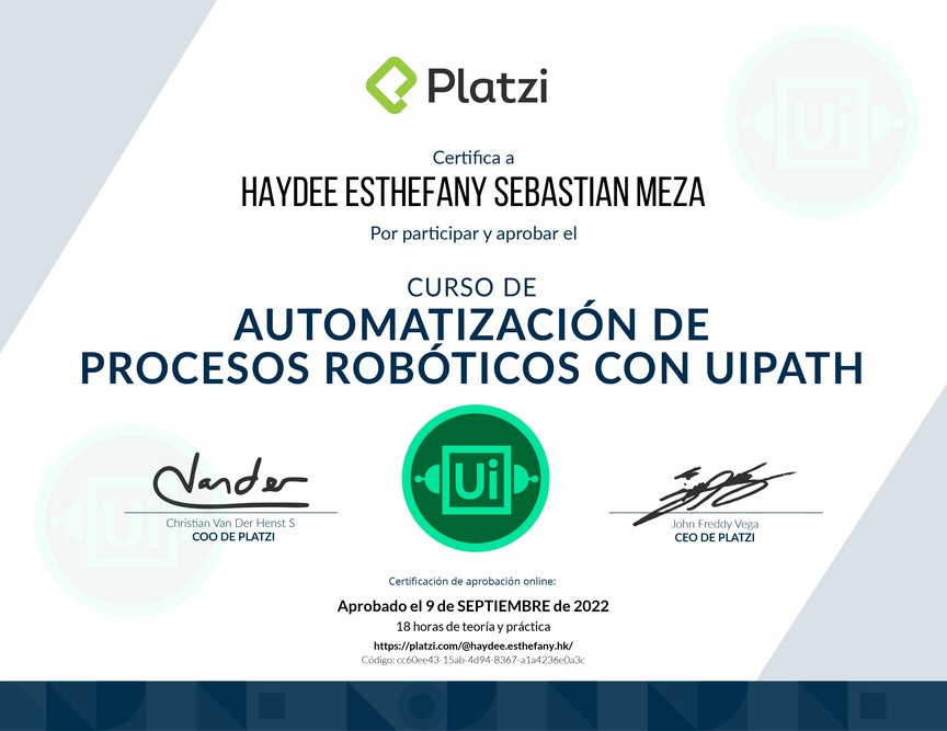 Diploma del Curso de Automatización de Procesos RPA con UiPath