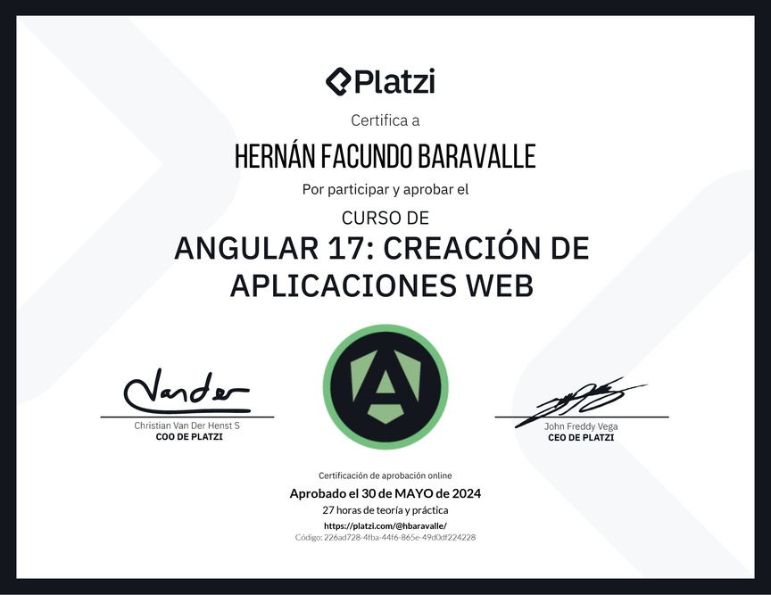 Diploma del Curso de Angular: Creación de Aplicaciones Web
